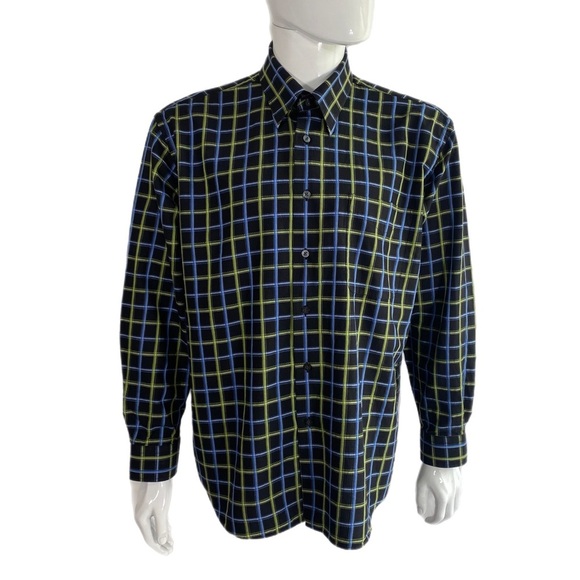 Alan Flusser Men’s Blue & Green Grid Plaid Long Sleeve Dress Shirt - Picture 1 of 8